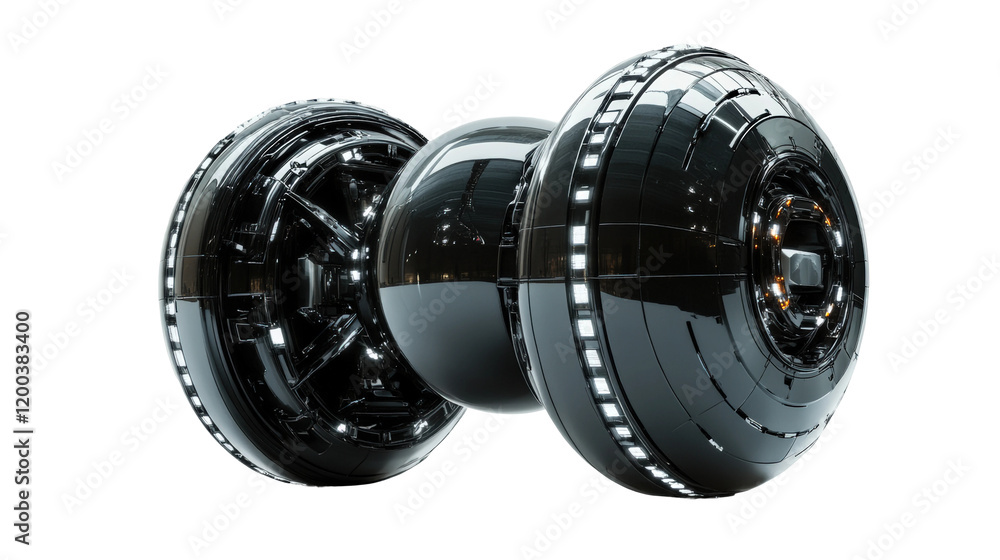 Poster futuristic black spherical transportation device featuring advanced design elements isolated on tran