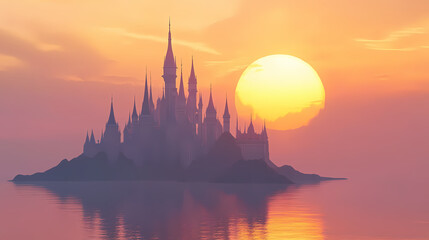Fototapeta premium Fantasy alien planet. mountain and lake. 3d illustration. Fantasy Castle Sunrise. Illustration