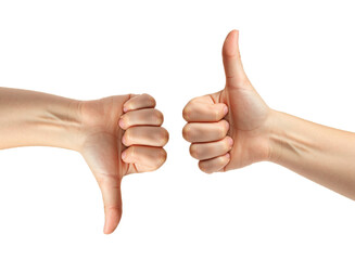 Two hands signalling thumbs up and thumbs down on white isolated background.