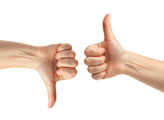 Two hands signalling thumbs up and thumbs down on white isolated background.