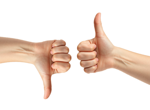 Two hands signalling thumbs up and thumbs down on white isolated background.