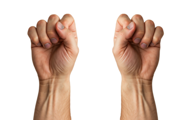 A hand making a clenched fist, isolated on a white background.