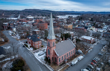 Aerial view of Turner Falls, Massachusetts in winter 