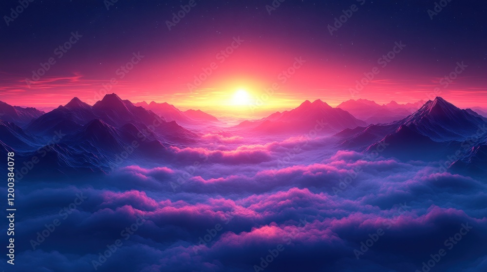 Poster surreal landscape with deep blue and purple gradient fog mystical light atmospheric abstract