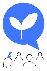 Speech bubble with sprouting plant symbolizing growth and creativity, human head with lightning for ideas, group icons. Ideal for teamwork, brainstorming, innovation, sustainability, creative