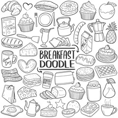 Breakfast Food Line Art Doodle Icons Sketch Hand Made Design Vector.