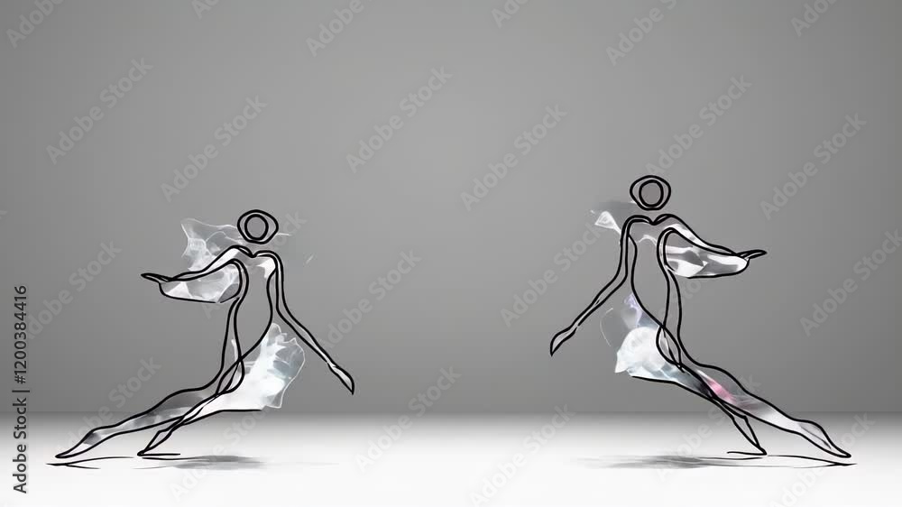 Poster abstract wireframe figures in motion with delicate iridescent fabric accents, casting soft shadows o