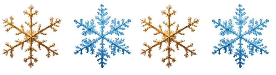 Gold and blue glitter texture snowflake isolated on white background.