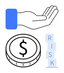 Outstretched hand, coin with dollar sign, RISK blocks symbolizing financial planning, investment, risk assessment. Ideal for finance, economy, business, strategy investment growth abstract line