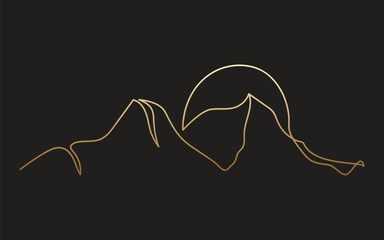 Golden silhouette moutains drawn by one line on the black background. Sunset, sunrise, mountains, hills. Sketch. Design for logo, card template. Minimalist art. Beauty landscape vector illustration.