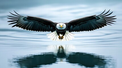 Majestic Bald Eagle in Flight Over Calm Water