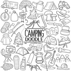 Obraz premium Camping Mountain Doodle Icons Sketch Hand Made Design Vector Line Art.