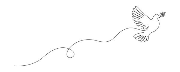 White dove in one continuous line drawing. Bird symbol with olive branch of peace and freedom in simple linear style. Concept for wedding invitation icon. Editable stroke. Doodle vector illustration © Olga Rai