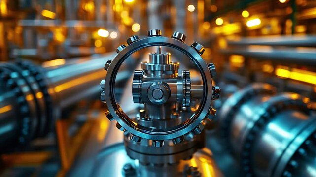 a metallic refinery valve with bright industrial lighting, showcasing pressurized fuel flowing through surrounding pipes and machinery.