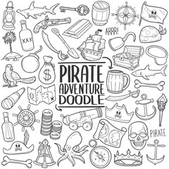 Pirate Adventure Doodle Line Art Illustration. Hand Drawn Vector Clip Art Stamps. 