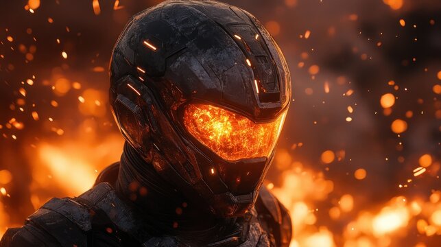 Futuristic Samurai Warrior in Fiery Urban Battleground with Sword