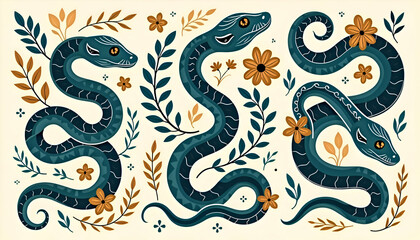 Obraz premium pattern with dragon | Artistic Illustration of Snakes with Floral Motifs in Vibrant Colors