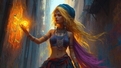 Fototapeta premium portrait of a beautiful sorceress with yellow hair in a dark setting