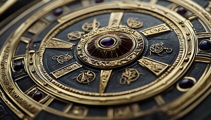 Close-up of ornate, circular golden object with dark center and gemstones.