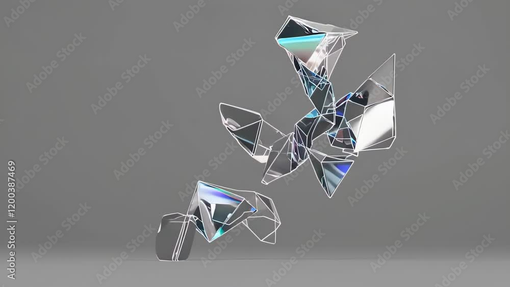 Aufkleber abstract composition of fragmented glass-like shapes with iridescent reflections on a gray backgroun