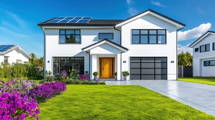 A bright, ultra-realistic two-story modern farmhouse with white walls, black-framed windows, and a natural wood door