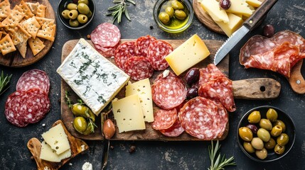 Assortment of cured meats, cheeses, and olives on wooden board