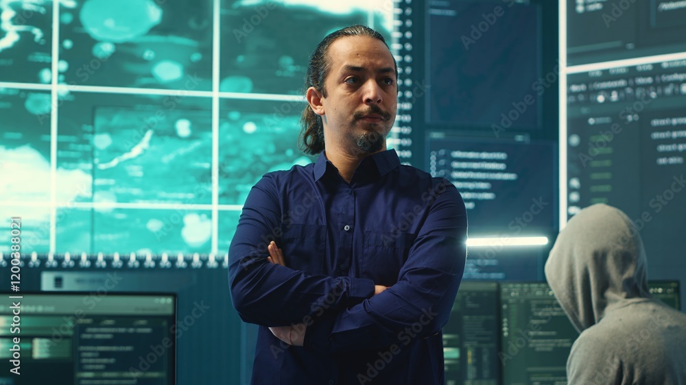 Poster hacking group targeting network security in governmental office, cyber attacks. digital security spe