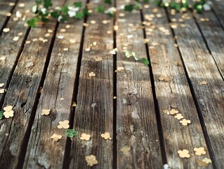 Fototapeta premium Rustic wooden planks adorned with shamrocks and gold confetti for a St. Patricks Day celebration
