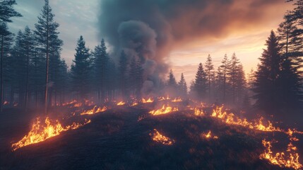 The intense heatwave triggers swift forest fires, leaving only charred silhouettes in its wake, indicative of a devastating natural calamity.