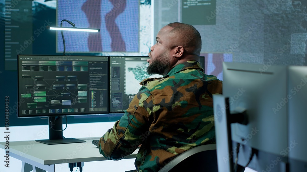 Poster high tech military office with soldiers analyzing real time data, processing intelligence informatio