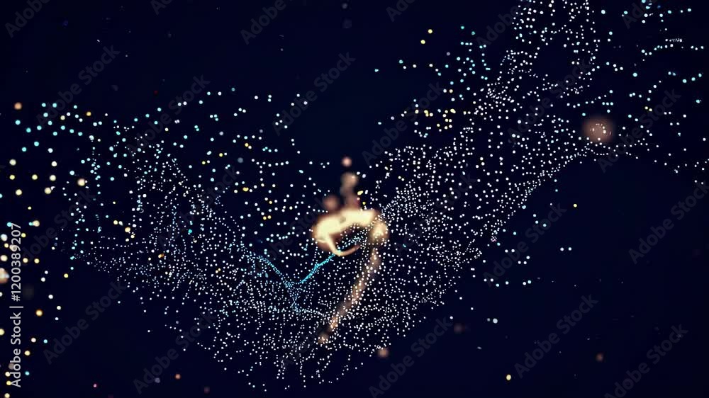 Poster abstract flow of glowing golden and white particles forming interconnected wave-like patterns on a d