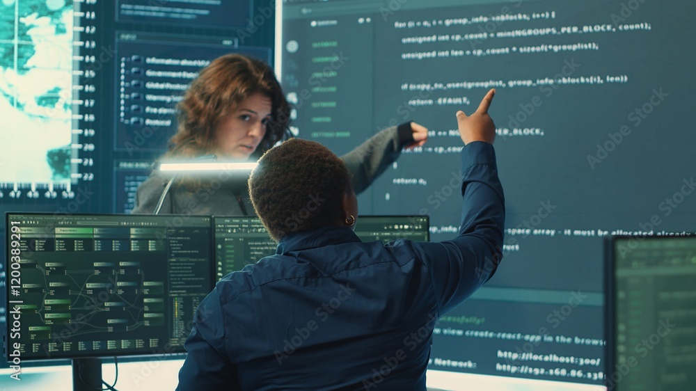 Poster cyber security experts team working on encryption and it security in a governmental agency. speciali