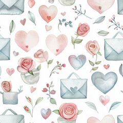 Seamless Seamless watercolor pattern of hearts, roses, and love letters