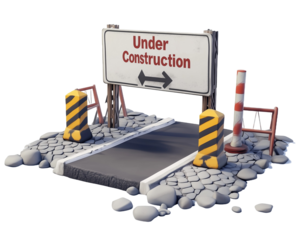 Under construction concept barricades with sign 3d rendering