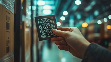 A close-up of a hand scanning a barcode on a package in a warehouse, symbolizing inventory tracking in shippin.