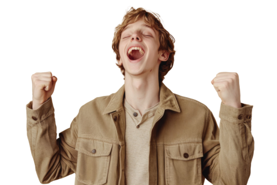 Portrait of delighted positive person closed eyes raise fists shout yeah isolated PNG

