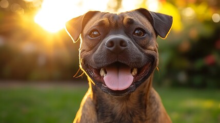 Happy dog sunset garden portrait, pet joy