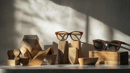 Showcase of wooden decor items and glasses