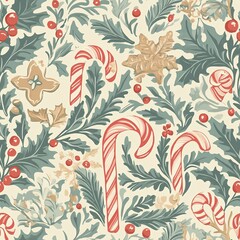 Seamless pattern featuring candy canes, gingerbread cookies, and holly berries for a festive Christmas theme