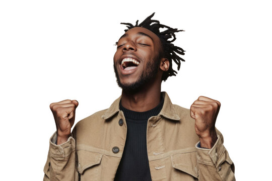 Portrait of delighted positive person closed eyes raise fists shout yeah isolated PNG

