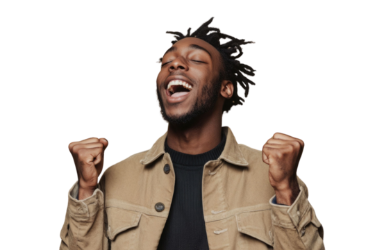 Portrait of delighted positive person closed eyes raise fists shout yeah isolated PNG

