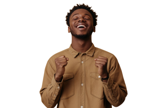 Portrait of delighted positive person closed eyes raise fists shout yeah isolated PNG