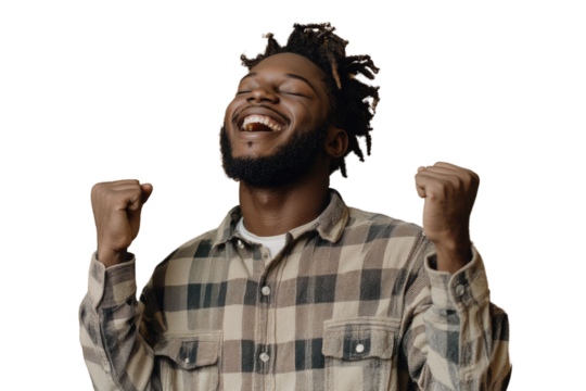 Portrait of delighted positive person closed eyes raise fists shout yeah isolated PNG

