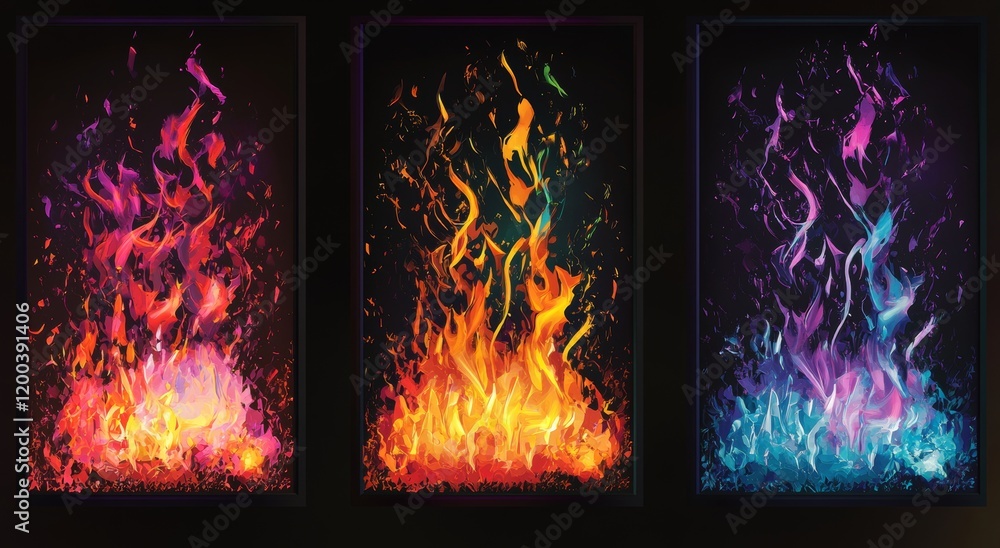 Poster a full view of fire set against a black backdrop, complete with detailed flames texture inlays, perf