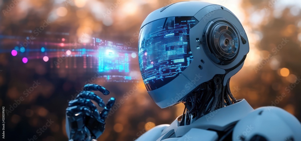 Poster futuristic robot analyzing stock market data with holographic visualization and ai technology