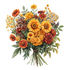 Bright bouquet featuring sunflowers, marigolds, and chrysanthemum transparent arranged artistically, Bouquet with Sunflowers, Marigolds, and Chrysanthemums on transparent background