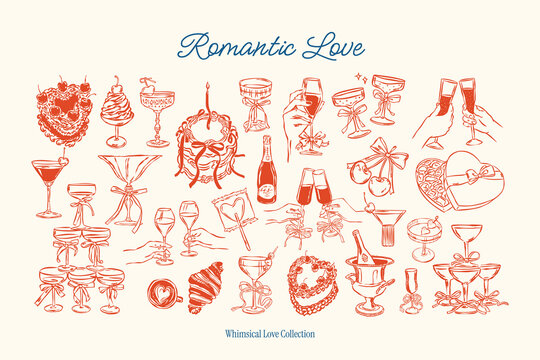 Sketch style food and beverages vector illustration collection.