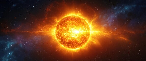 Obraz premium Vibrant Cosmic Illustration of the Sun Radiating Energy in a Starry Night Sky