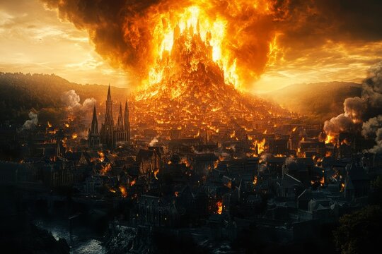 In accordance with divine judgment, Sodom and Gomorrah are struck by burning sulfur from heaven. (Genesis 19:24)