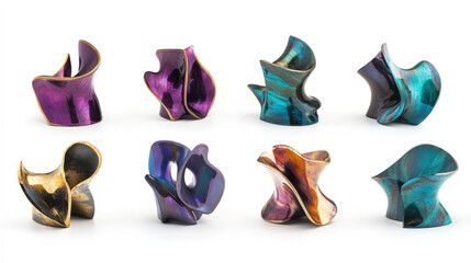 Obraz premium A set of bright, stylized abstract shapes crafted from polished metal and acrylic, gleaming in shades of purple